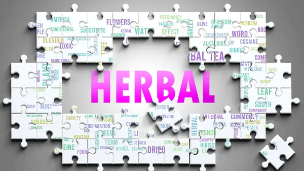 stock image Herbal as a complex subject, related to important topics. Pictured as a puzzle and a word cloud made of most important ideas and phrases related to herbal.