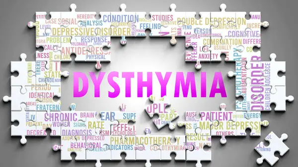 stock image Dysthymia as a complex subject, related to important topics. Pictured as a puzzle and a word cloud made of most important ideas and phrases related to dysthymia.