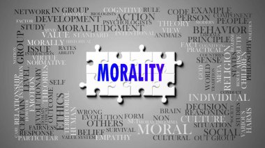 Önemli konularla ilgili karmaşık bir konu olarak ahlak. Bir bulmaca gibi resmedilmiş ve ahlaki değerlerle ilgili en önemli fikir ve cümlelerden oluşan bir kelime bulutu. .3d illüstrasyon