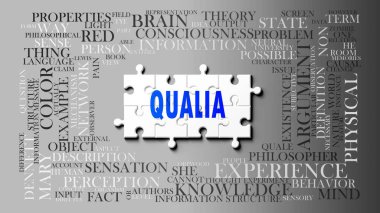 Qualia karmaşık bir konu, önemli konularla ilgili. Bulmaca ve kelime bulutu olarak resmedilmiş. Qualia ile ilgili en önemli fikir ve cümlelerden oluşmuş. .3d illüstrasyon