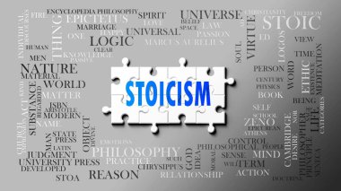 Stoicism as a complex subject, related to important topics. Pictured as a puzzle and a word cloud made of most important ideas and phrases related to stoicism. ,3d illustration clipart