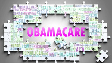 Obamacare karmaşık bir konu, önemli konularla ilgili. Bir bulmaca ve kelime bulutu olarak resmedilmiş. Obamacare ile ilgili en önemli fikir ve cümlelerden oluşmuş..