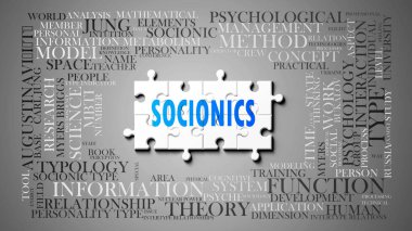 Socionics as a complex subject, related to important topics. Pictured as a puzzle and a word cloud made of most important ideas and phrases related to socionics. ,3d illustration clipart