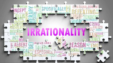 Önemli konularla ilgili karmaşık bir konu olarak mantıksızlık. Mantıksızlıkla ilgili en önemli fikir ve ifadelerden oluşan bir bulmaca ve kelime bulutu olarak resmedilmiş..