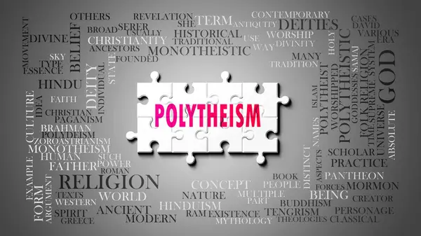 Politeizm, önemli konularla ilgili karmaşık bir konu. Bir bulmaca ve çokçulukla ilgili en önemli fikir ve ifadelerden oluşan bir kelime bulutu olarak resmedildi. .3d illüstrasyon