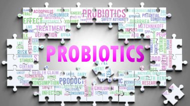 Probiyotikler önemli konularla ilgili karmaşık bir konudur. Probiyotiklerle ilgili en önemli fikir ve ifadelerden oluşan bir bulmaca ve kelime bulutu olarak resmedilmiş..