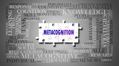Metacognition as a complex subject, related to important topics. Pictured as a puzzle and a word cloud made of most important ideas and phrases related to metacognition. ,3d illustration clipart