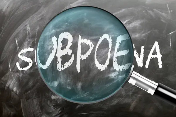 stock image Subpoena - learn, study and inspect it. Taking a closer look at subpoena. A magnifying glass enlarging word 'subpoena' written on a blackboard