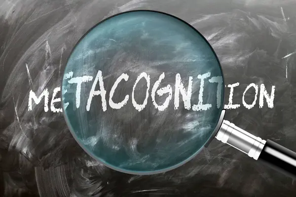 stock image Metacognition - learn, study and inspect it. Taking a closer look at metacognition. A magnifying glass enlarging word 'metacognition' written on a blackboard