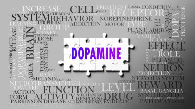 Önemli konularla ilgili karmaşık bir konu olarak dopamin. Bir bulmaca ve dopamin ile ilgili en önemli fikir ve cümlelerden oluşan bir kelime bulutu olarak resmedilmiş. .3d illüstrasyon