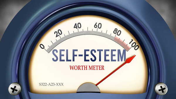 Self-Esteem and Worth Meter that is hitting a full scale, showing a very high level of self-esteem, overload of it, too much of it. Maximum value, off the charts. 