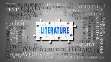 Edebiyat karmaşık bir konu, önemli konularla ilgili. Bir bulmaca ve edebiyatla ilgili en önemli fikir ve cümlelerden oluşan bir kelime bulutu olarak resmedilmiş. .3d illüstrasyon