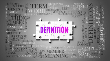 Önemli konularla ilgili karmaşık bir konu olarak tanımlanır. Bir bulmaca ve tanımla ilgili en önemli fikir ve cümlelerden oluşan bir kelime bulutu olarak resmedilmiş. .3d illüstrasyon