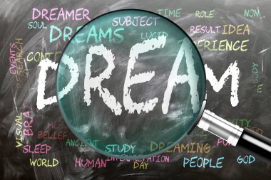 Rüya inceleniyor, inceleniyor, yakından inceleniyor. En önemli konular ve hayallerle yakından ilgili fikirler bir büyüteç tarafından incelenen bir karatahtaya yazılmış..