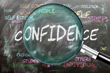 Özgüven inceleniyor, yakından inceleniyor. En önemli konular ve özgüvenle ilgili fikirler büyüteçle incelenen bir karatahtaya yazılmış..