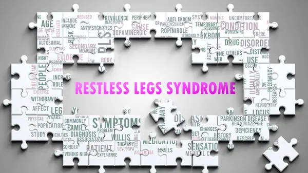 stock image Restless Legs Syndrome as a complex subject, related to important topics. Pictured as a puzzle surrounded by most important ideas and phrases related to restless legs syndrome.