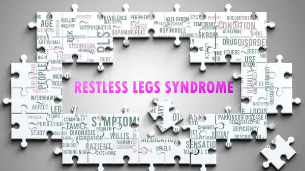 Stock image Restless Legs Syndrome as a complex subject, related to important topics. Pictured as a puzzle surrounded by most important ideas and phrases related to restless legs syndrome.