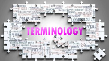 Terminology as a complex subject, related to important topics. Pictured as a puzzle and a word cloud made of most important ideas and phrases related to terminology. clipart