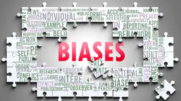 stock image Biases as a complex subject, related to important topics. Pictured as a puzzle and a word cloud made of most important ideas and phrases related to biases.