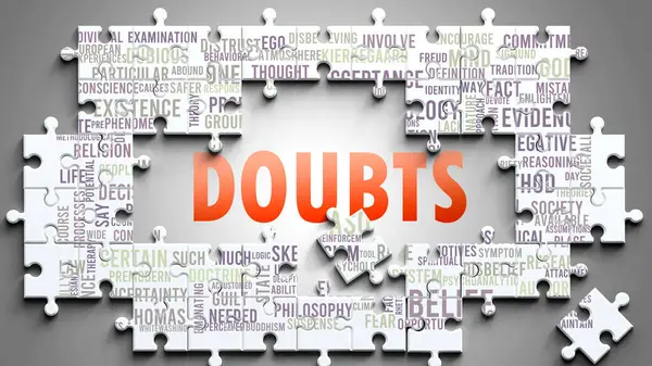 stock image Doubts as a complex subject, related to important topics. Pictured as a puzzle and a word cloud made of most important ideas and phrases related to doubts.