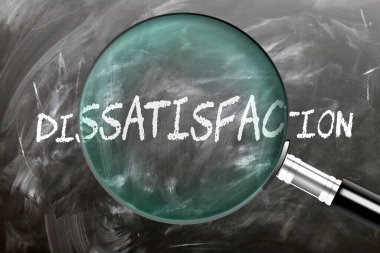 Dissatisfaction - learn, study and inspect it. Taking a closer look at dissatisfaction. A magnifying glass enlarging word 'dissatisfaction' written on a blackboard clipart