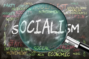 Sosyalizm yakından inceleniyor, inceleniyor. En önemli konular ve sosyalizmle yakından ilişkili fikirler bir büyüteç tarafından incelenen kara tahtada yazılı..