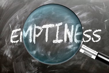 Emptiness - learn, study and inspect it. Taking a closer look at emptiness. A magnifying glass enlarging word 'emptiness' written on a blackboard clipart