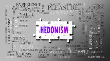 Önemli konularla ilgili karmaşık bir konu olarak hedonizm. Bir bulmaca ve hedonizmle ilgili en önemli fikir ve cümlelerden oluşan bir kelime bulutu olarak resmedilmiş. .3d illüstrasyon