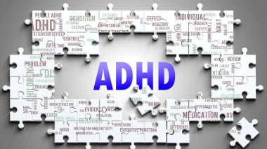 Adhd as a complex subject, related to important topics. Pictured as a puzzle and a word cloud made of most important ideas and phrases related to adhd. clipart