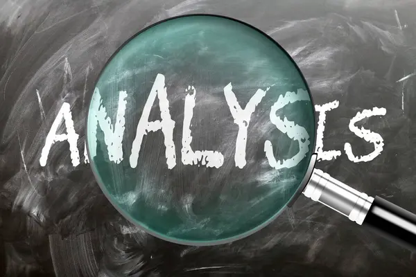 stock image Analysis - learn, study and inspect it. Taking a closer look at analysis. A magnifying glass enlarging word 'analysis' written on a blackboard