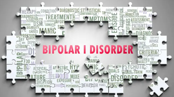 stock image Bipolar I Disorder as a complex subject, related to important topics. Pictured as a puzzle and a word cloud made of most important ideas and phrases related to bipolar i disorder.