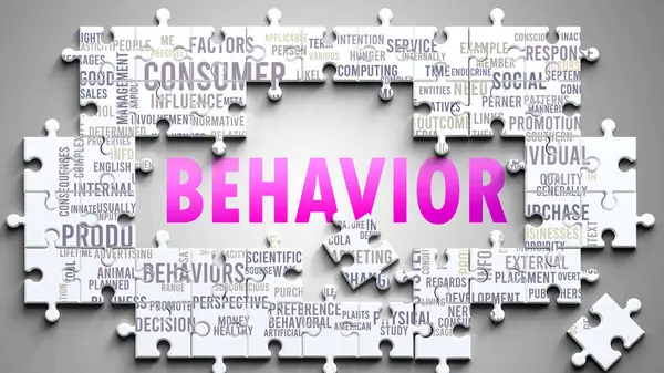 stock image Behavior as a complex subject, related to important topics. Pictured as a puzzle and a word cloud made of most important ideas and phrases related to behavior.