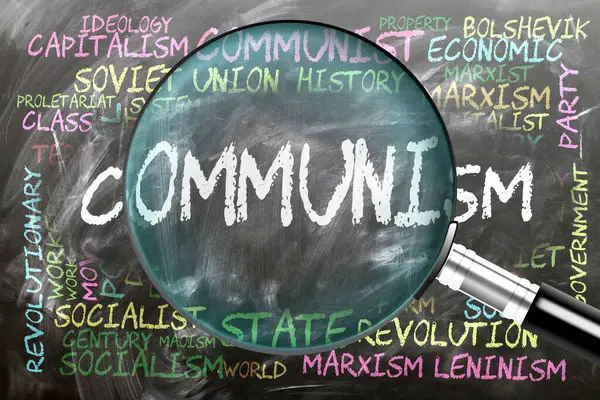 stock image Communism being studied, examined - under close inspection. Most important subjects and ideas closely related to communism written on a blackboard inspected by a magnifying glass.