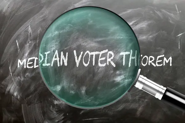 stock image Median Voter Theorem - learn, study and inspect it. Taking a closer look at median voter theorem. A magnifying glass enlarging word 'median voter theorem' written on a blackboard