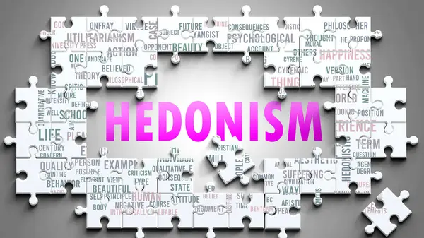 stock image Hedonism as a complex subject, related to important topics. Pictured as a puzzle and a word cloud made of most important ideas and phrases related to hedonism.