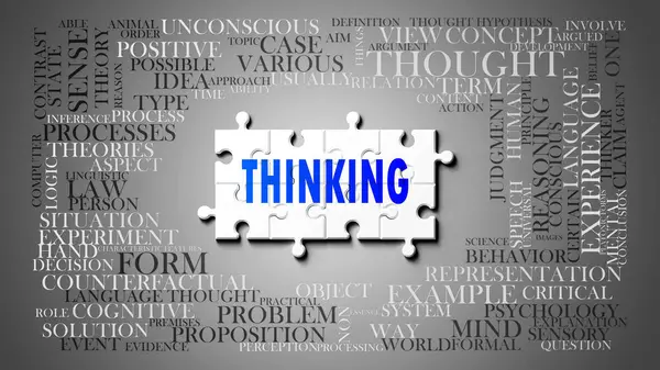 stock image Thinking as a complex subject, related to important topics. Pictured as a puzzle and a word cloud made of most important ideas and phrases related to thinking. ,3d illustration