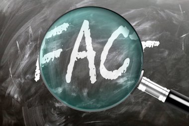 Fact - learn, study and inspect it. Taking a closer look at fact. A magnifying glass enlarging word 'fact' written on a blackboard clipart