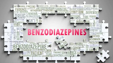 Benzodiazepines as a complex subject, related to important topics. Pictured as a puzzle and a word cloud made of most important ideas and phrases related to benzodiazepines. clipart