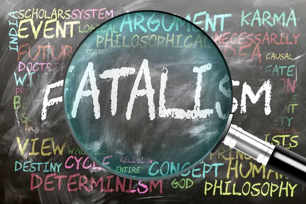 stock image Fatalism being studied, examined - under close inspection. Most important subjects and ideas closely related to fatalism written on a blackboard inspected by a magnifying glass.