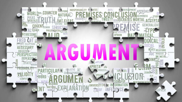 Argument as a complex subject, related to important topics. Pictured as a puzzle and a word cloud made of most important ideas and phrases related to argument.