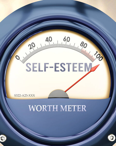 Self-Esteem and Worth Meter that is hitting a full scale, showing a very high level of self-esteem, overload of it, too much of it. Maximum value, off the charts. 
