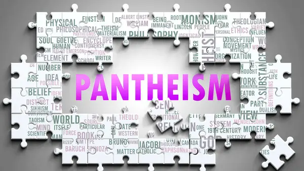 stock image Pantheism as a complex subject, related to important topics. Pictured as a puzzle and a word cloud made of most important ideas and phrases related to pantheism.