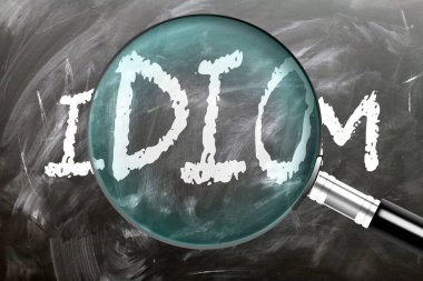 Idiom - learn, study and inspect it. Taking a closer look at idiom. A magnifying glass enlarging word 'idiom' written on a blackboard clipart