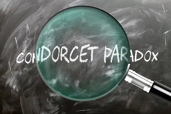 stock image Condorcet Paradox - learn, study and inspect it. Taking a closer look at condorcet paradox. A magnifying glass enlarging word 'condorcet paradox' written on a blackboard