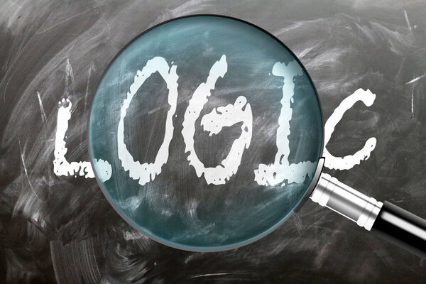 Logic - learn, study and inspect it. Taking a closer look at logic. A magnifying glass enlarging word 'logic' written on a blackboard