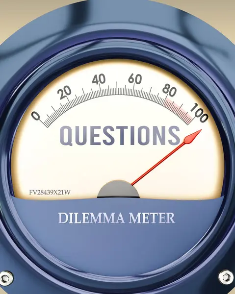 stock image Questions and Dilemma Meter that is hitting a full scale, showing a very high level of questions, overload of it, too much of it. Maximum value, off the charts. 