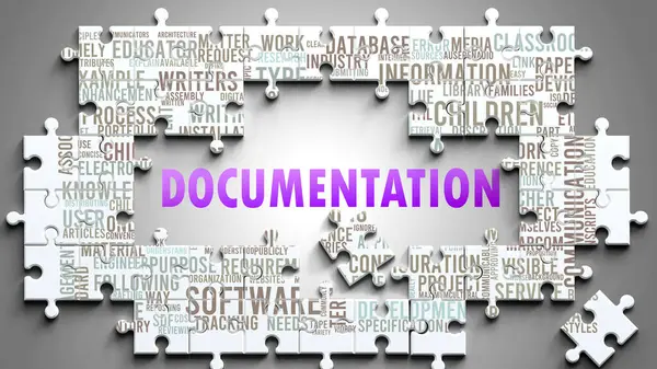 stock image Documentation as a complex subject, related to important topics. Pictured as a puzzle and a word cloud made of most important ideas and phrases related to documentation.