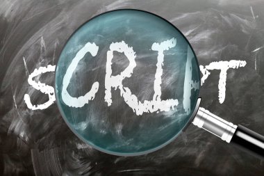 Script - learn, study and inspect it. Taking a closer look at script. A magnifying glass enlarging word 'script' written on a blackboard clipart