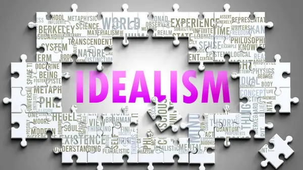 stock image Idealism as a complex subject, related to important topics. Pictured as a puzzle and a word cloud made of most important ideas and phrases related to idealism.