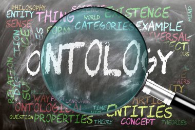 Ontoloji inceleniyor, yakından inceleniyor. En önemli konular ve ontolojiyle yakından ilgili fikirler bir büyüteç tarafından incelenen bir karatahtaya yazılmış..